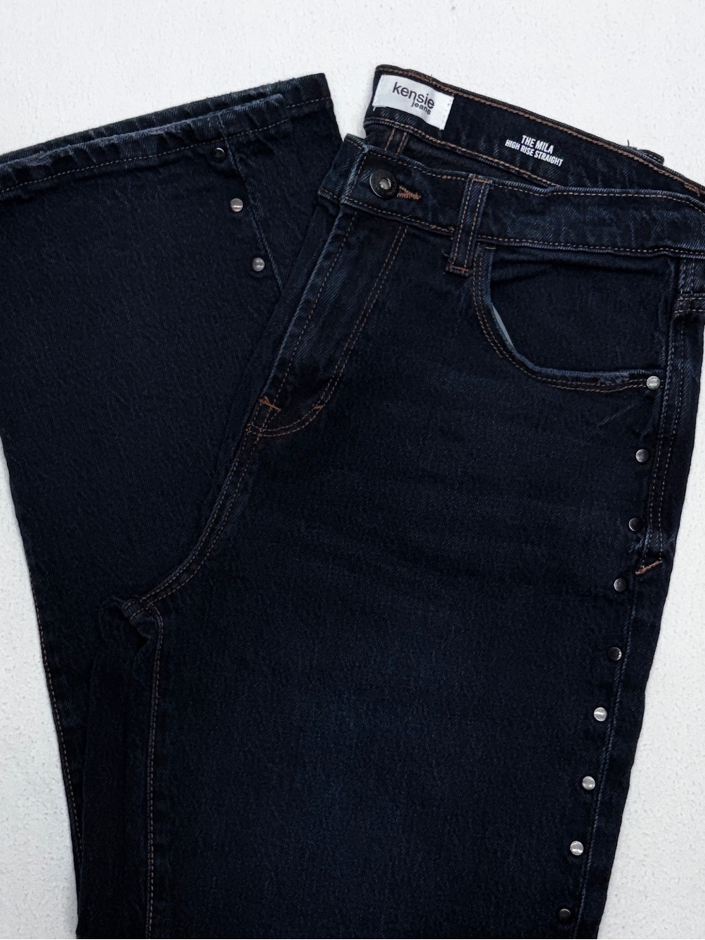 Kensie Mila High Rise Straight Jeans Womens 8 29 Dark Wash Studded